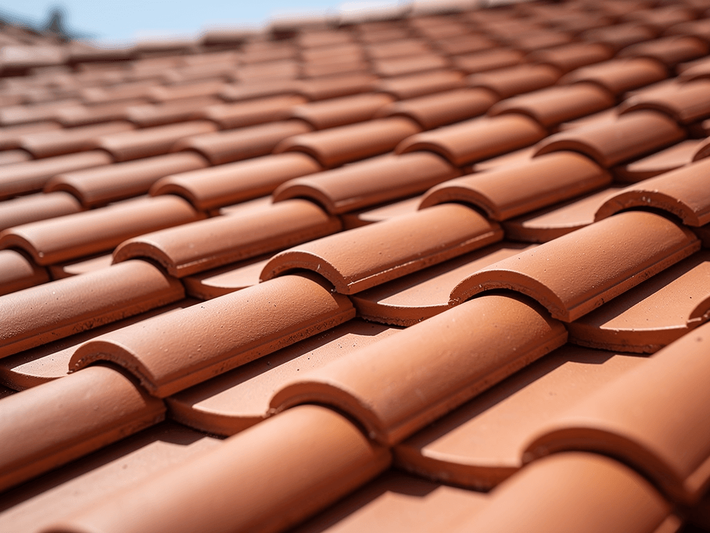Close-up of new clay roof tiles