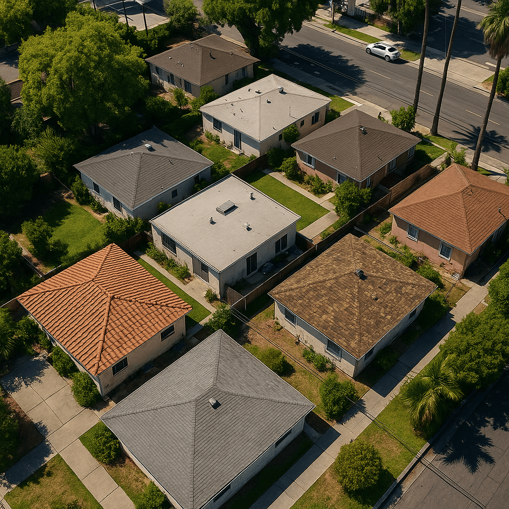 An aerial view of a Los Angeles residential area with a focus on rooftops, demonstrating the differences in roofing materials and conditions, surrounded by lush green trees and urban infrastructure, to emphasize the impact of environmental factors on roof longevity.