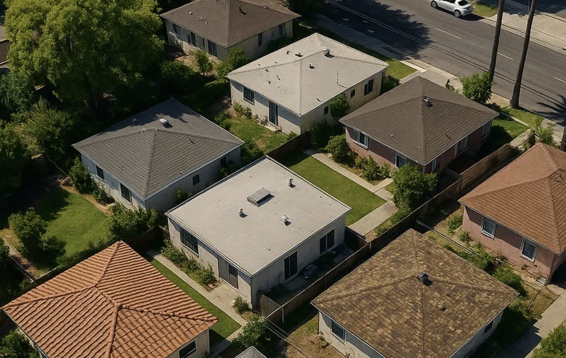 aerial Los Angeles shot of homes