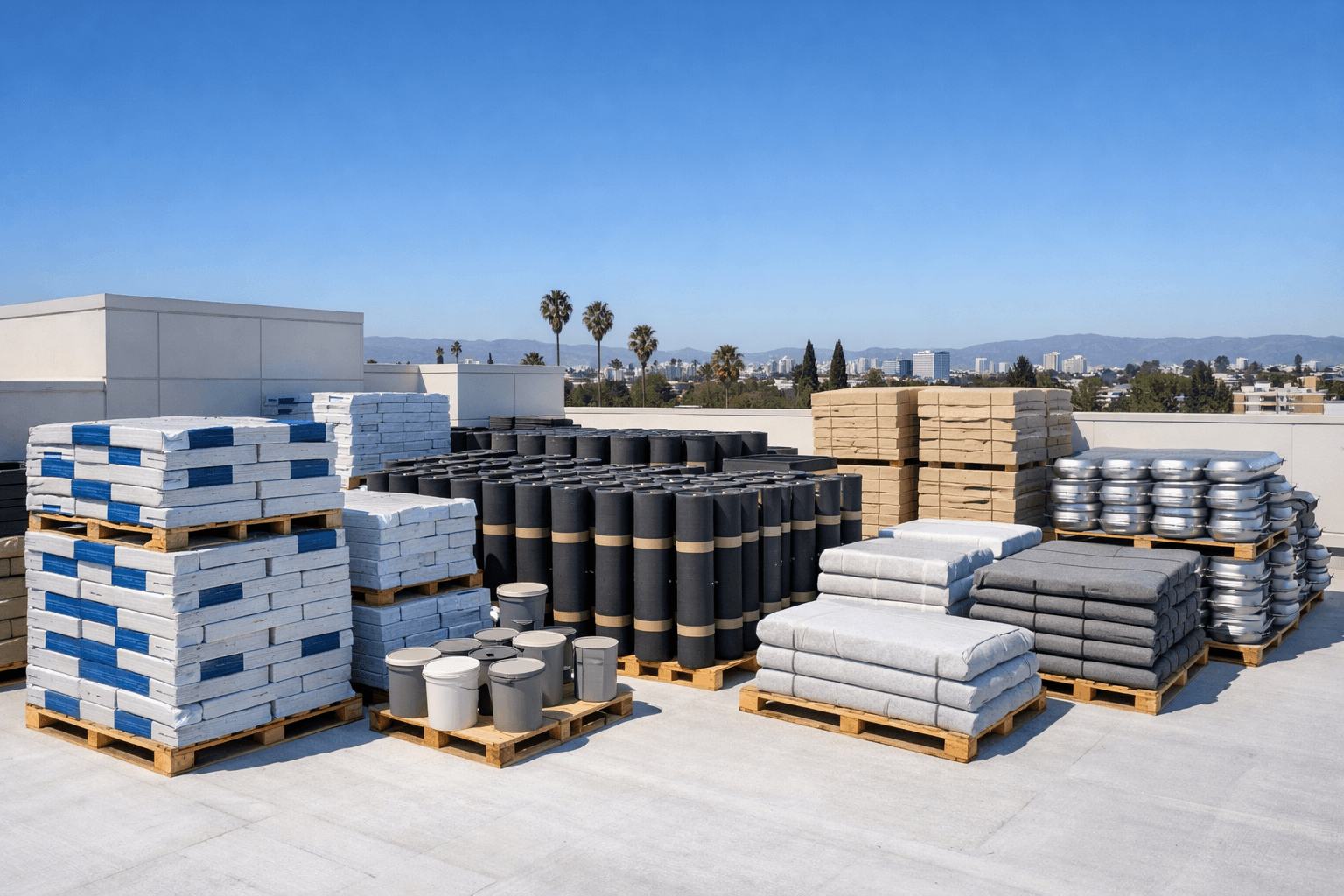 Stacks of roofing materials on a Los Angeles rooftop.
