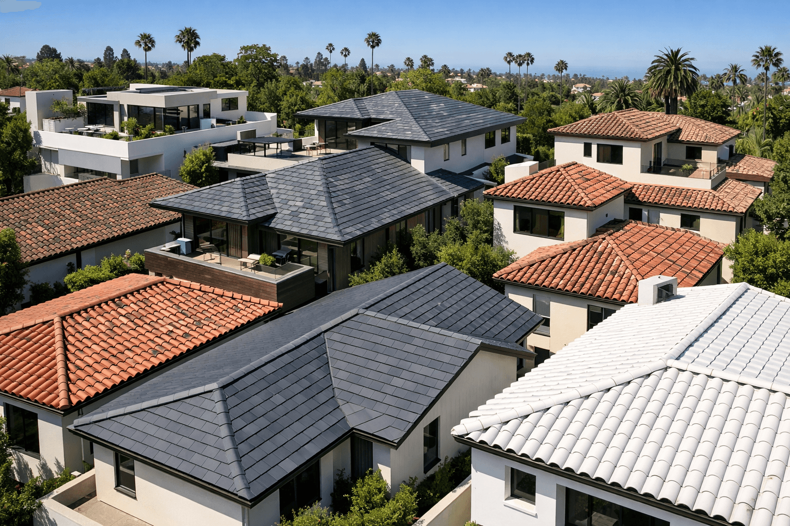 Modern LA residential building with various tile roofs.
