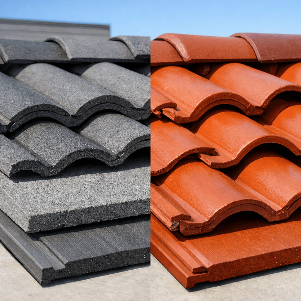Close-up of stacked concrete and clay roof tiles.