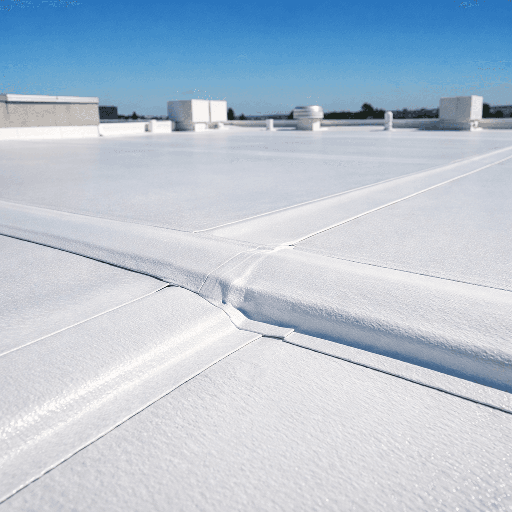 Close-up of roofing membrane and seams under bright sky.