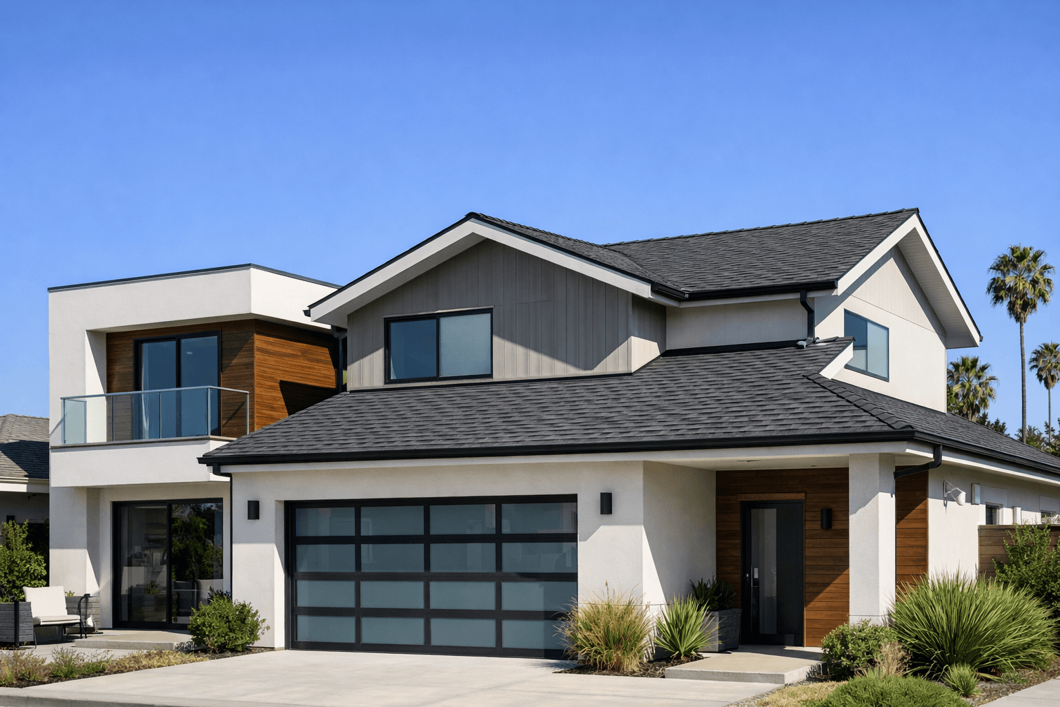 Modern LA building with new pristine roof under a clear blue sky.