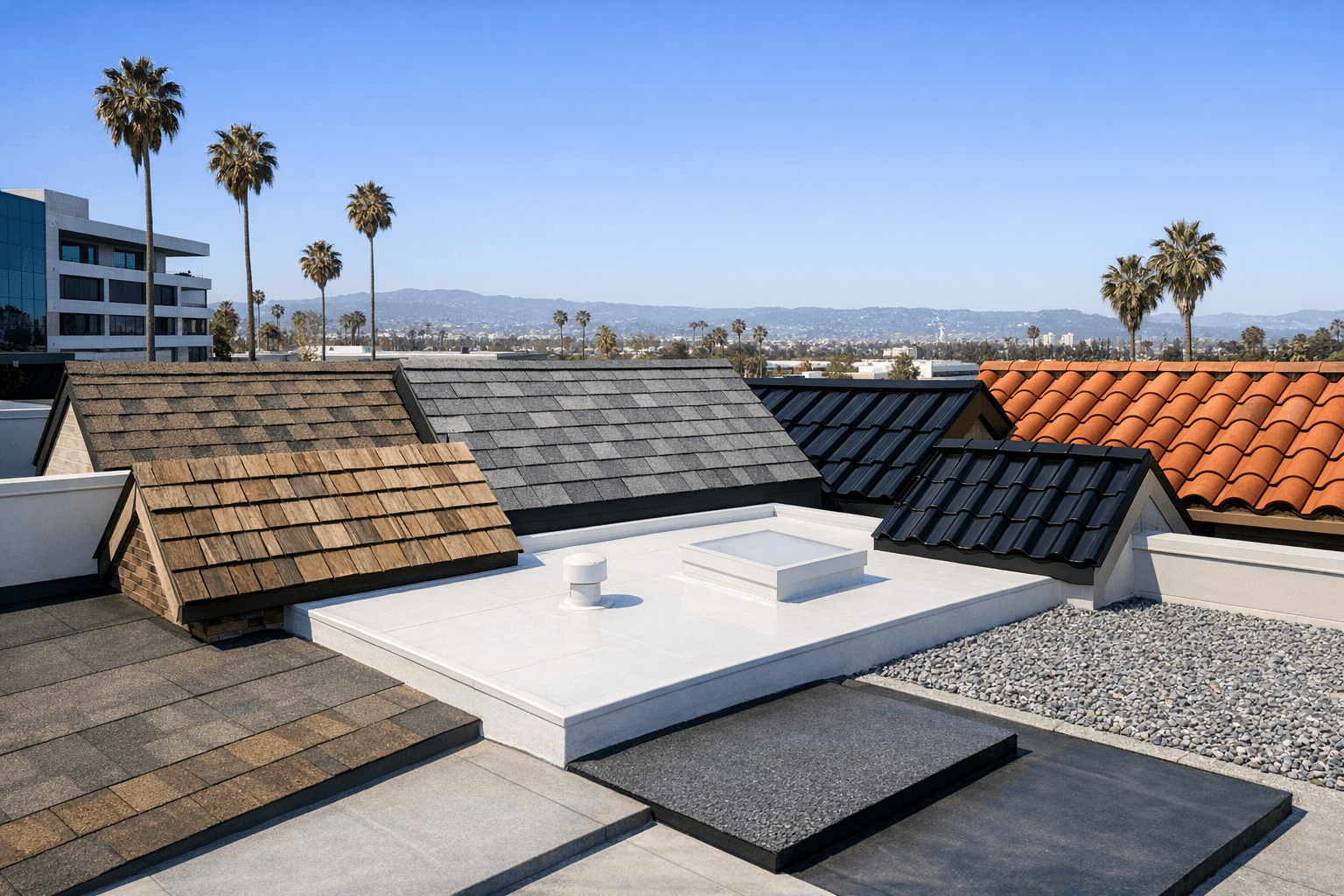 Array of roofing materials displayed in a Los Angeles setting.