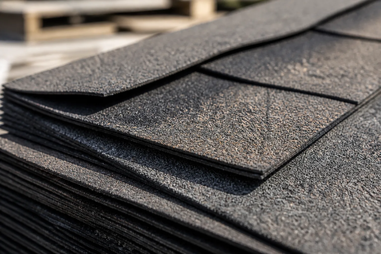 Close-up of architectural shingle surface texture and granules with shadow lines.