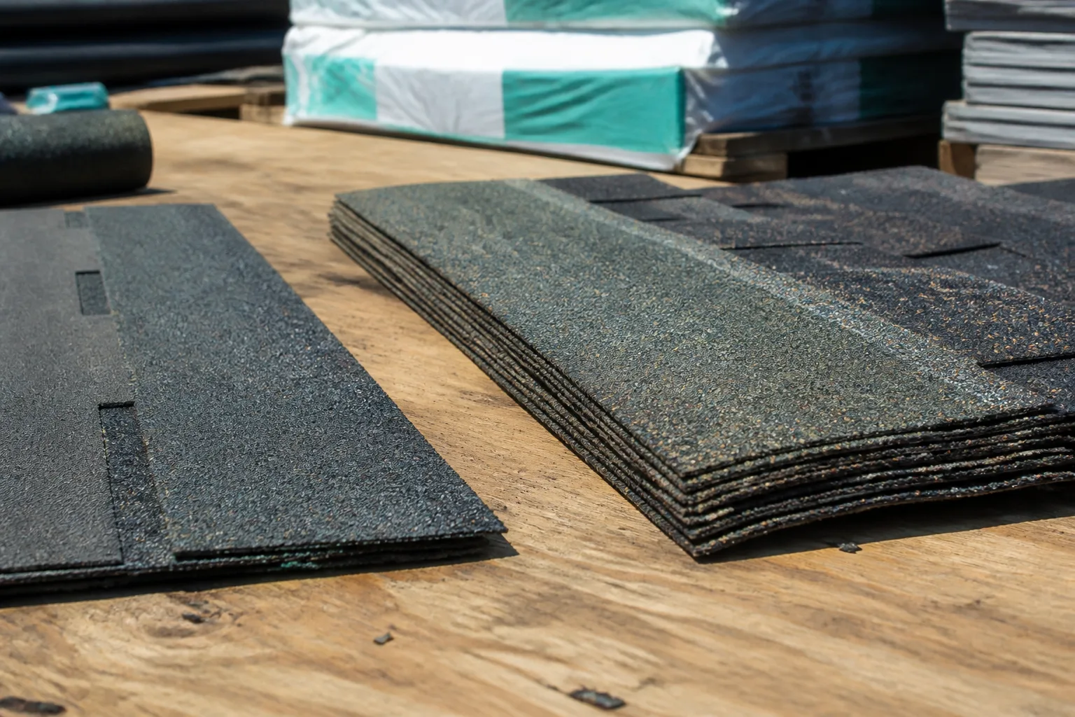 Loose 3-tab and architectural shingle pieces showing thickness difference.