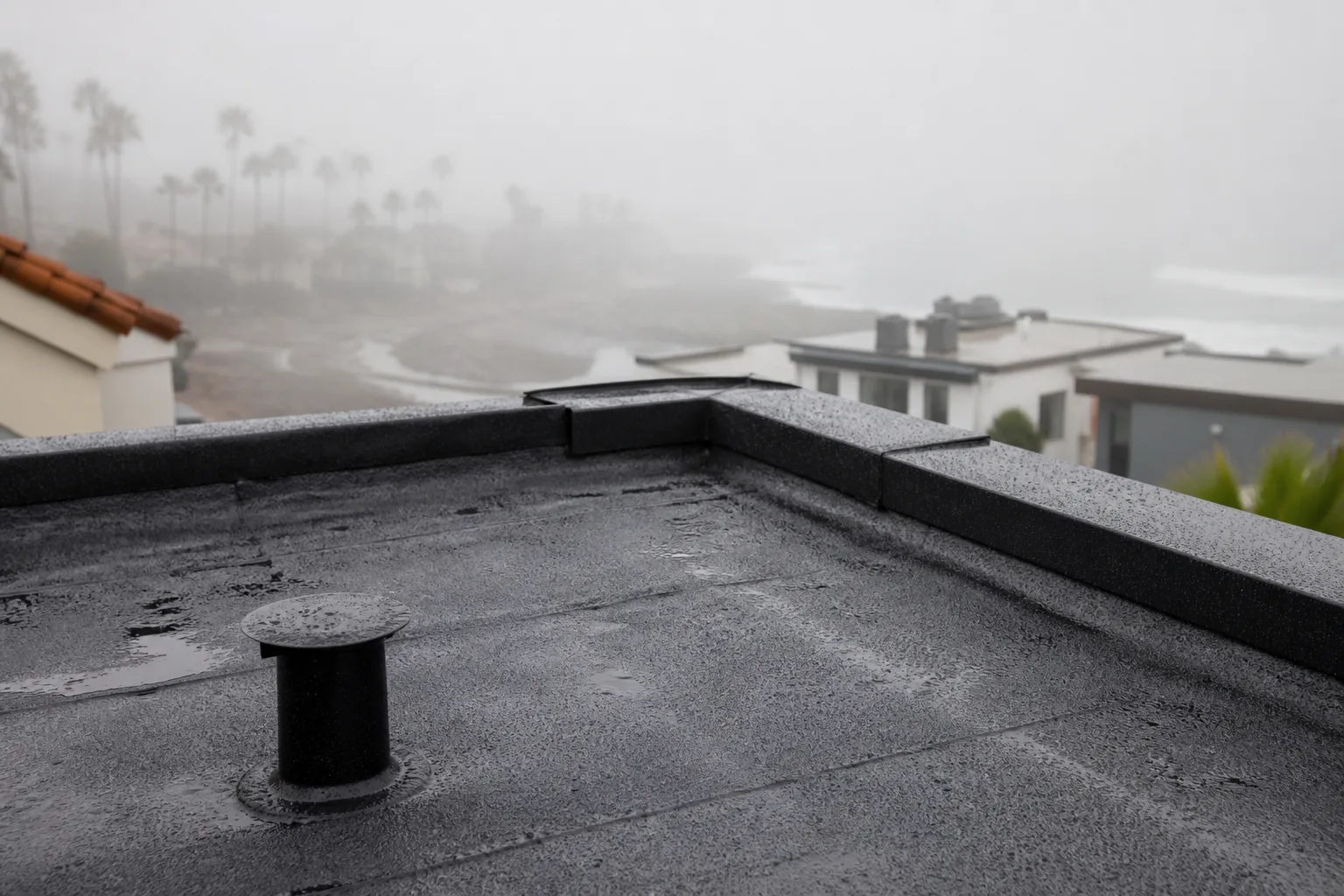 Coastal rooftop under heavy fog with moisture beading.