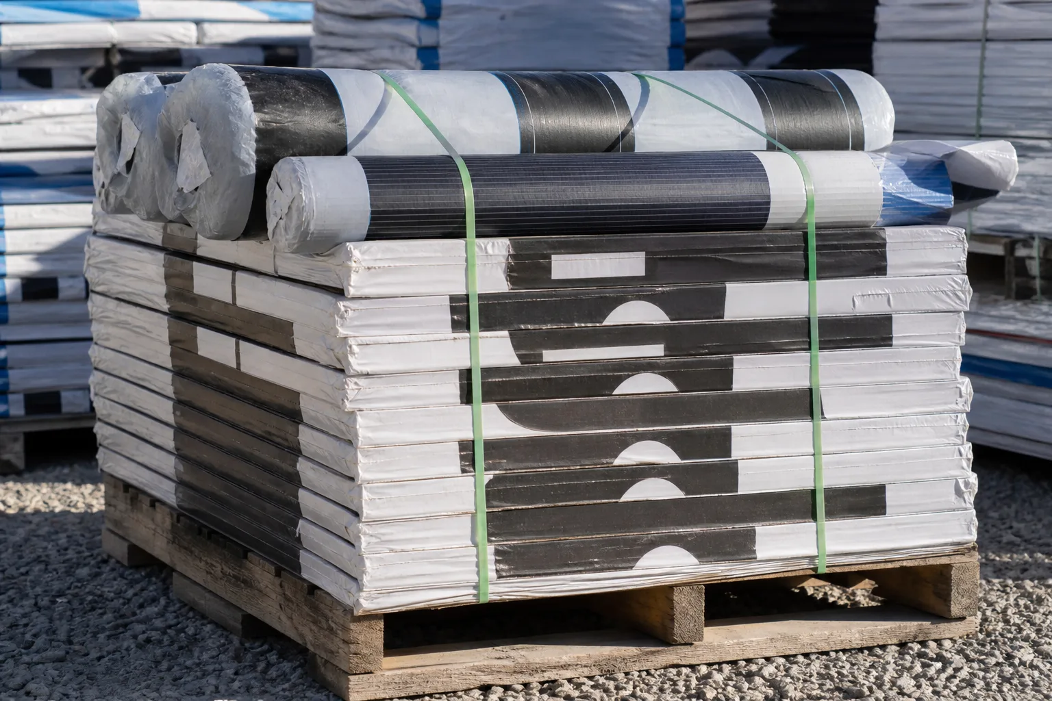 Stacked bundles of roofing shingles and rolls of underlayment on a pallet.