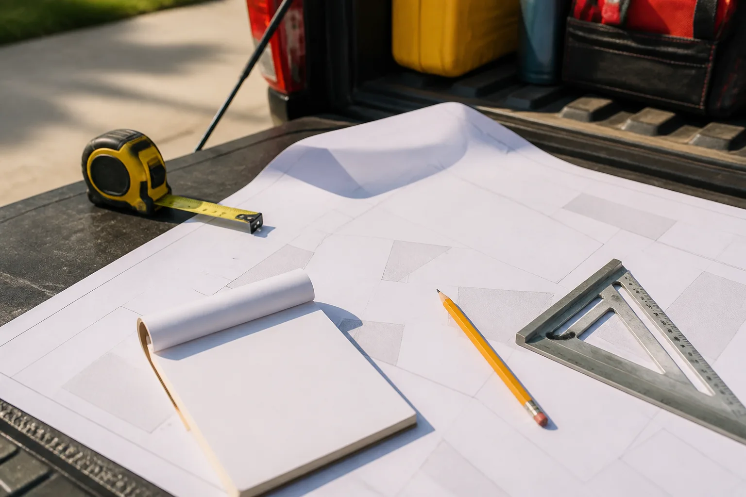 Roofing tools and notepad on a workbench for material takeoff.