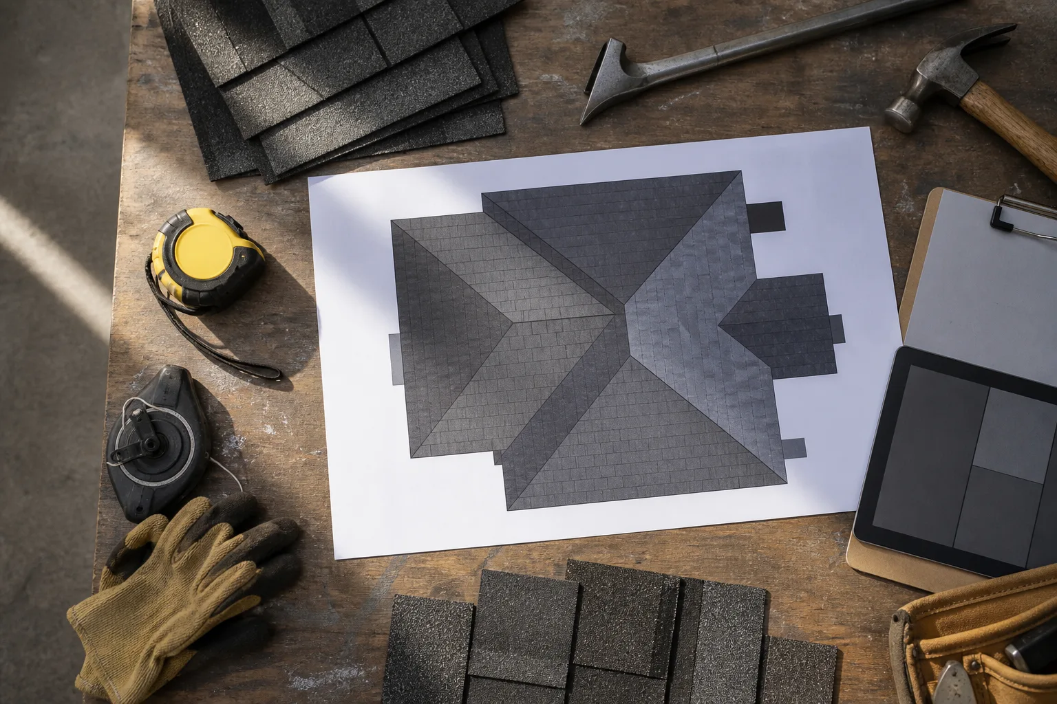Top-down view of a workbench with roofing tools and abstract shingle pattern shapes.