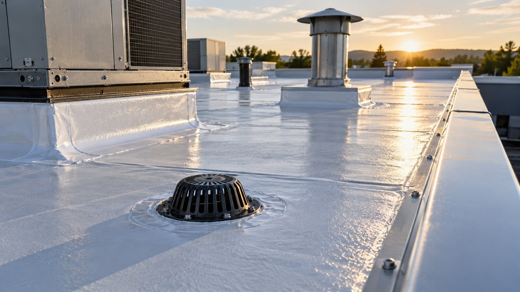 Close-up of a reflective commercial roof with drainage, vents, and rooftop mechanical equipment