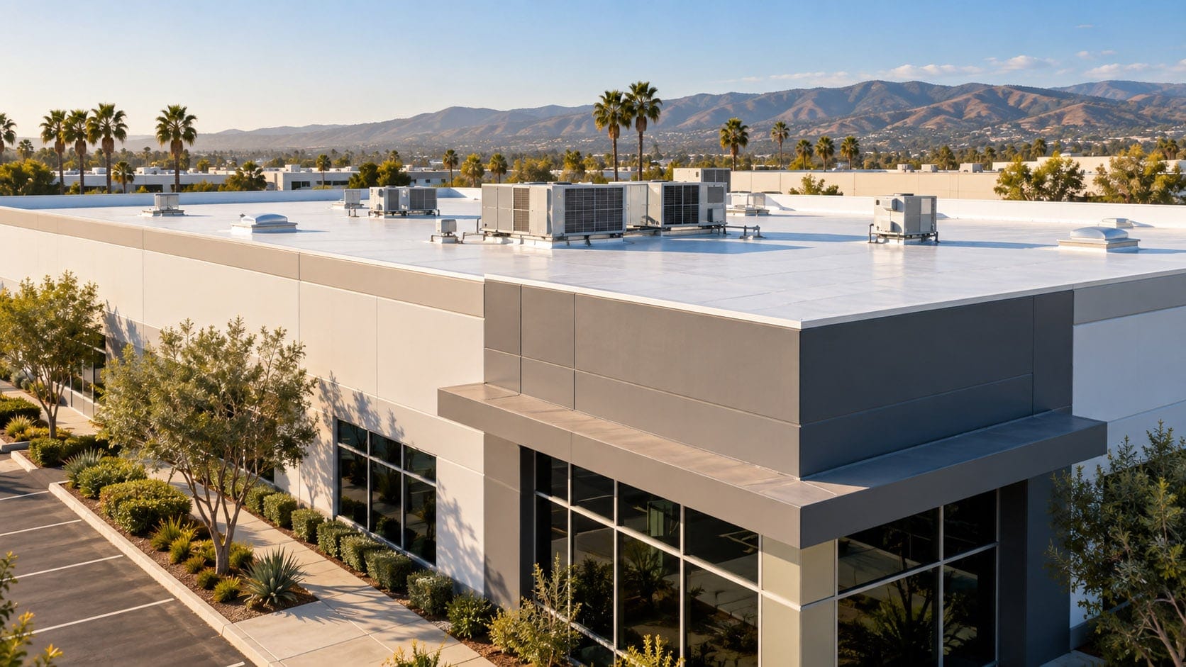 Commercial building with a flat white roofing system and rooftop HVAC equipment in Southern California