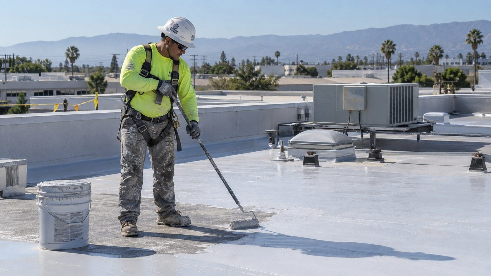 Commercial roofer applying a reflective roof coating to a flat roof