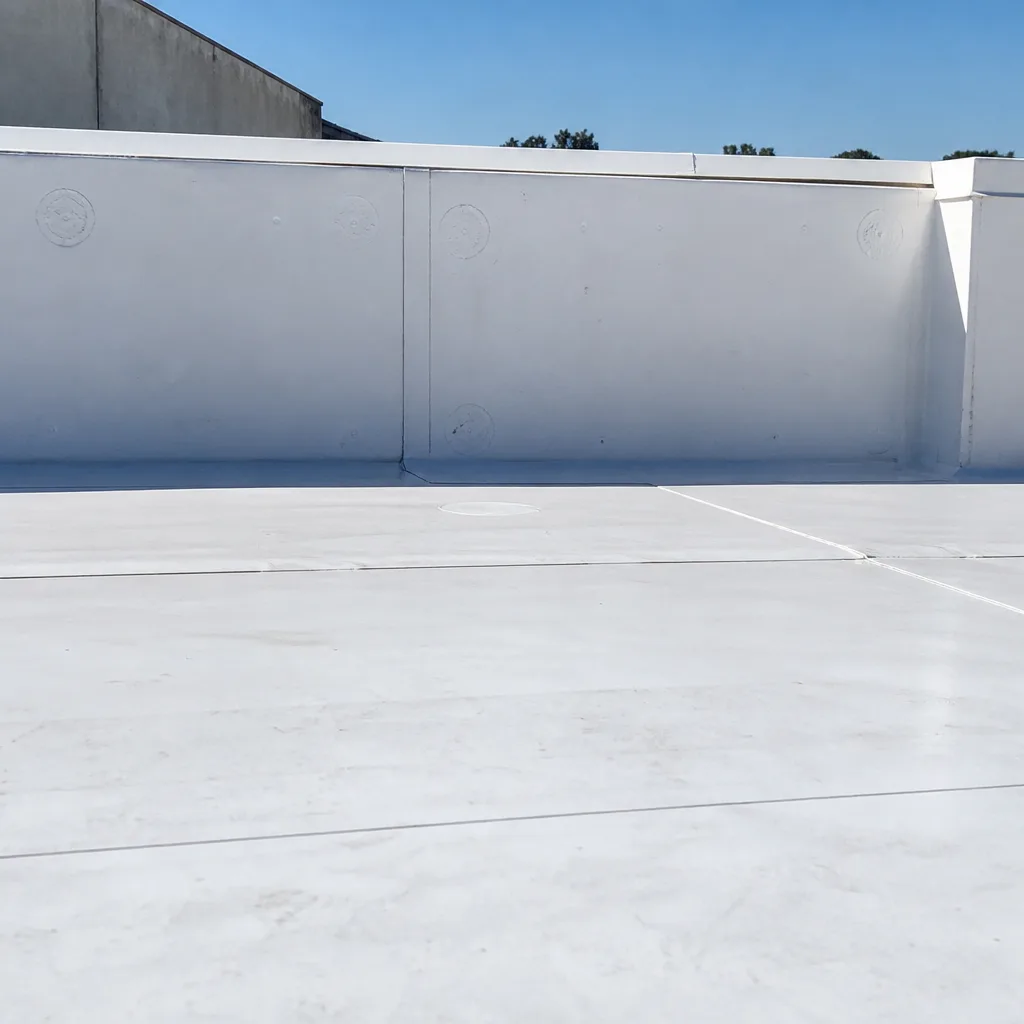 Close-up of TPO roofing material with reflective surface on a roof.