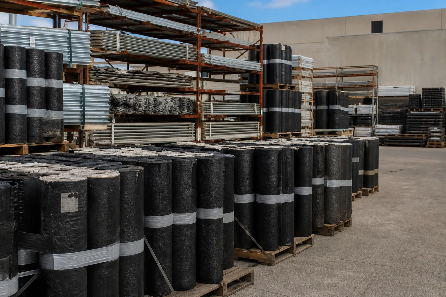 Stacks of modified bitumen and metal roofing materials in a supply yard.