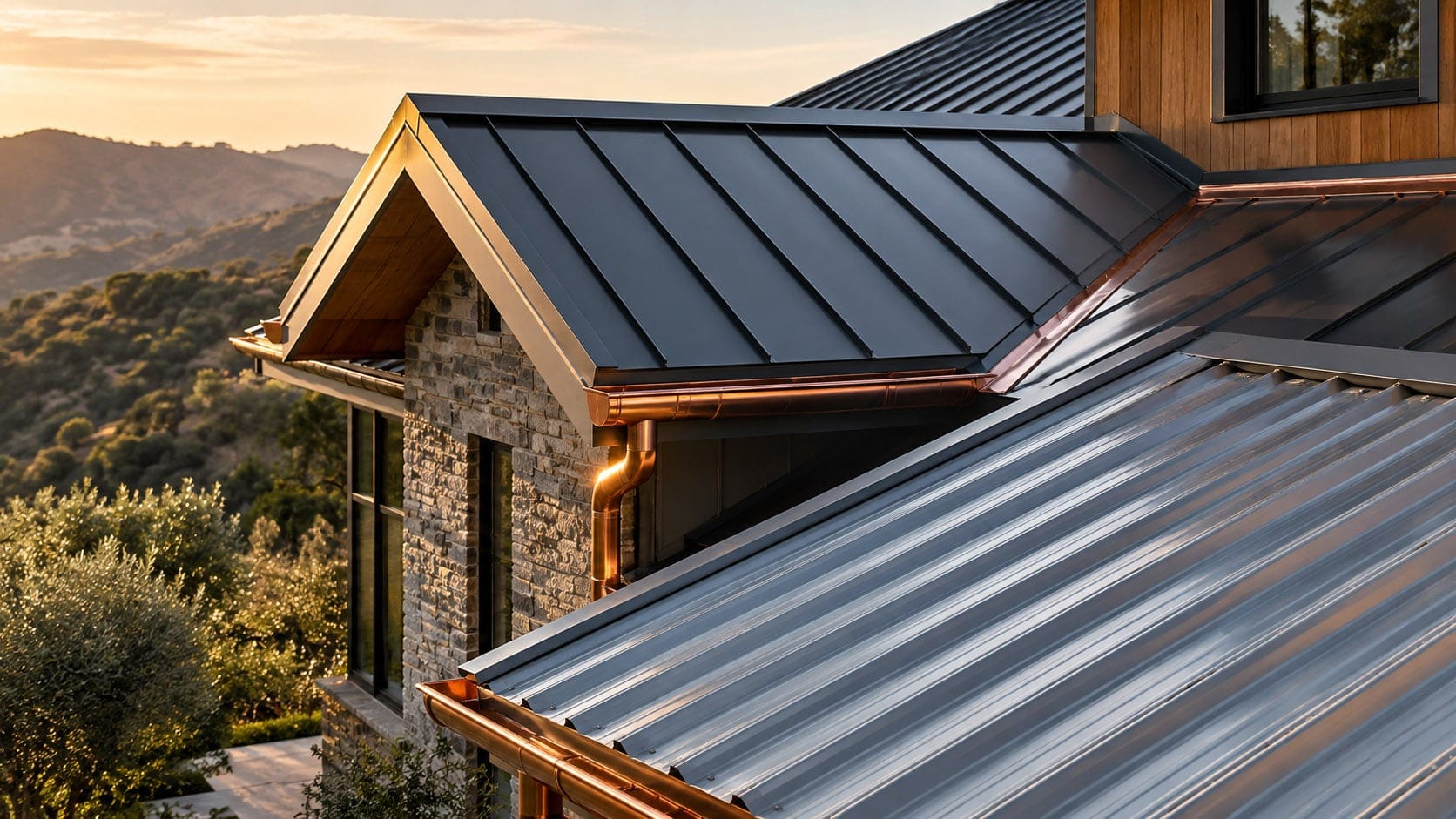 Close-up of standing seam and corrugated metal roofing with copper trim on a hillside home