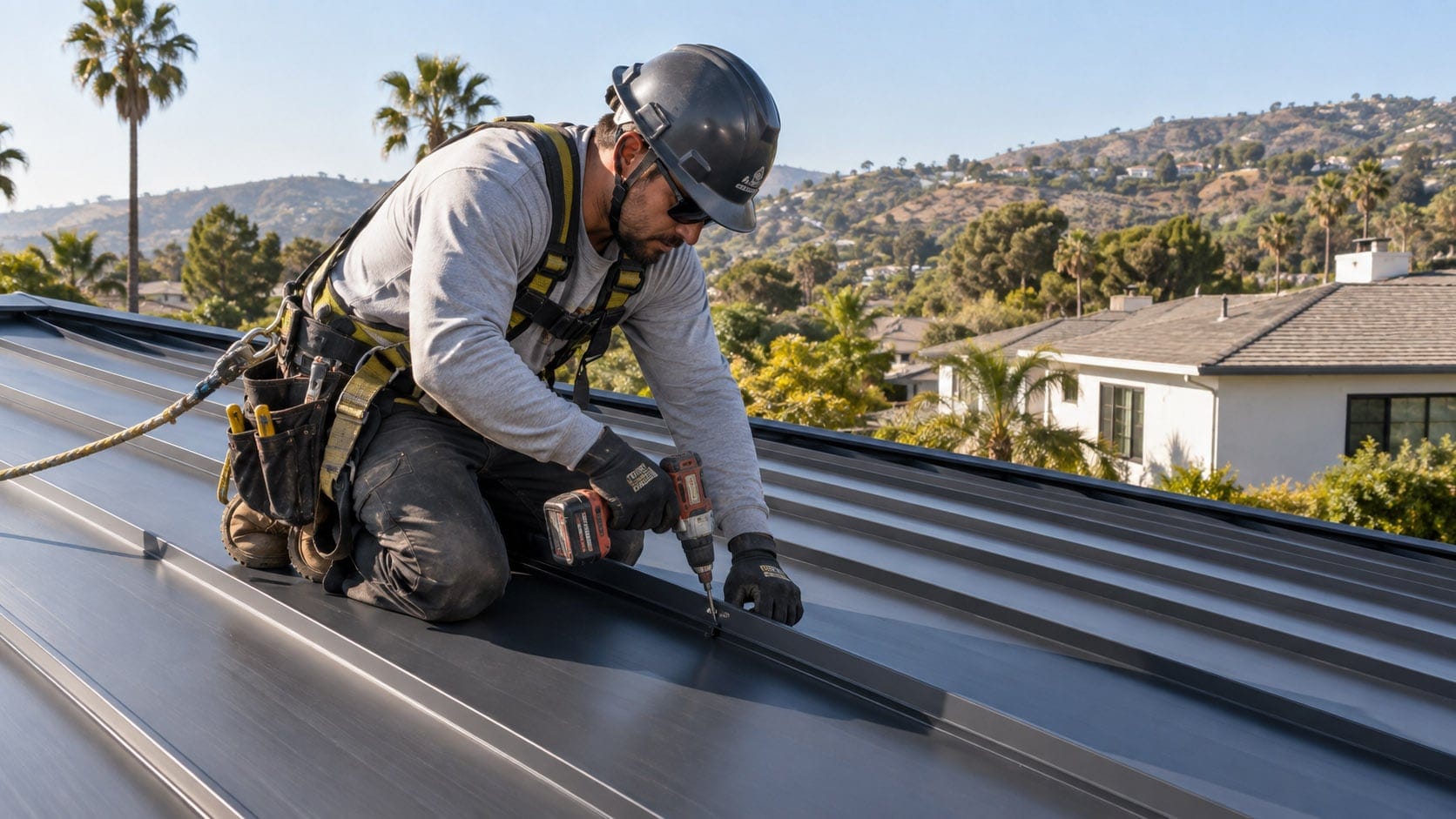 Professional roofer installing standing seam metal roofing on a Southern California home