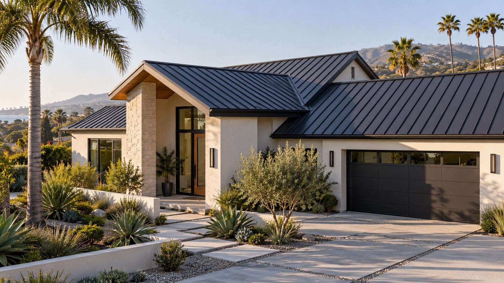 Modern Southern California home with dark standing seam metal roofing and drought-tolerant landscaping