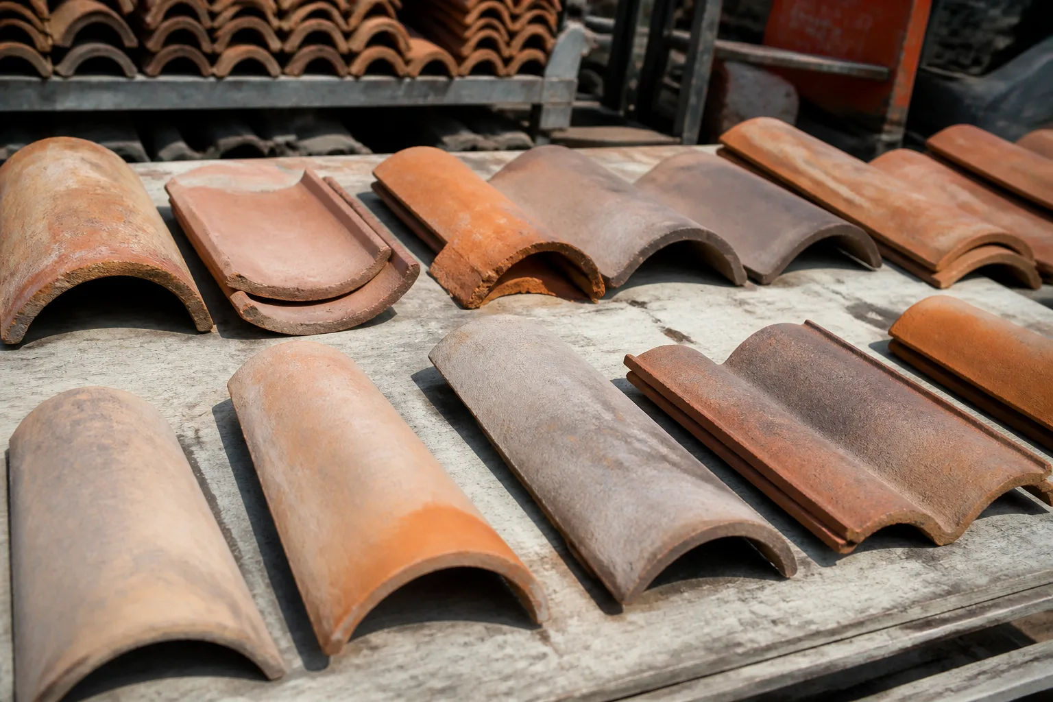 Various clay roof tiles on a table showing different shapes and colors.