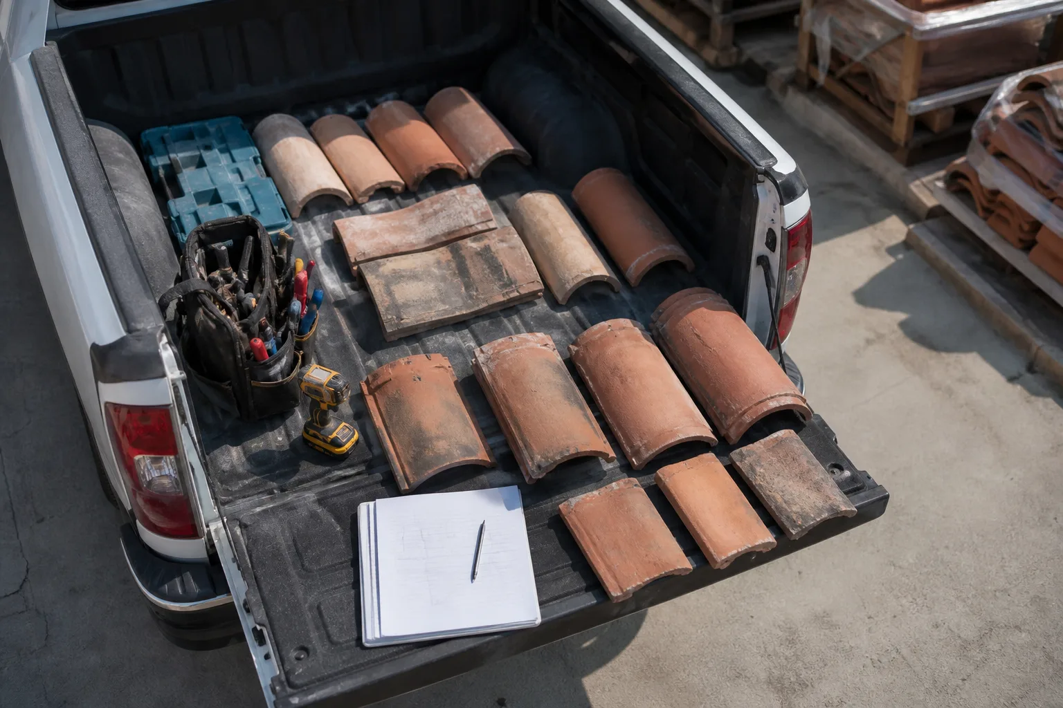 Truck bed with clay tile samples, tools, and a notepad for roof repair prep.