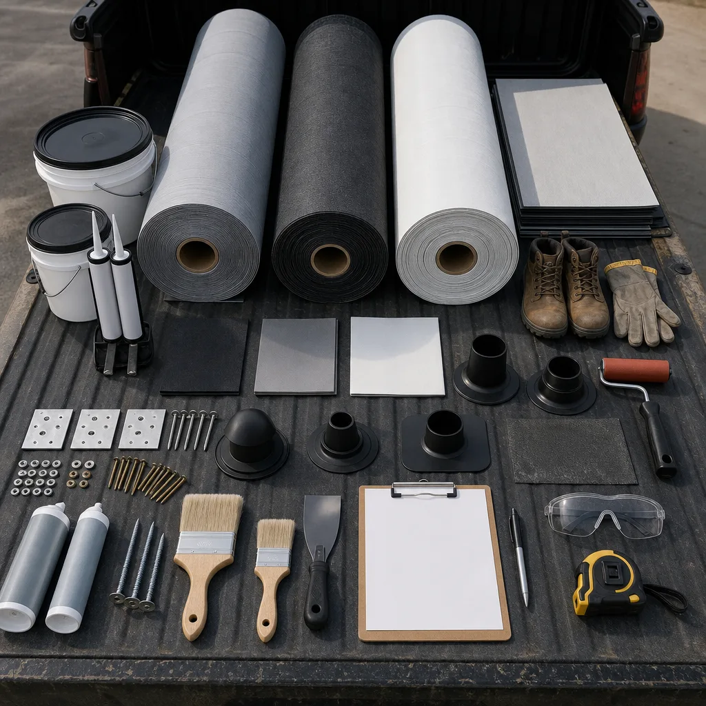 Flat lay of roofing materials and tools on a tailgate, symbolizing pre-season preparation.