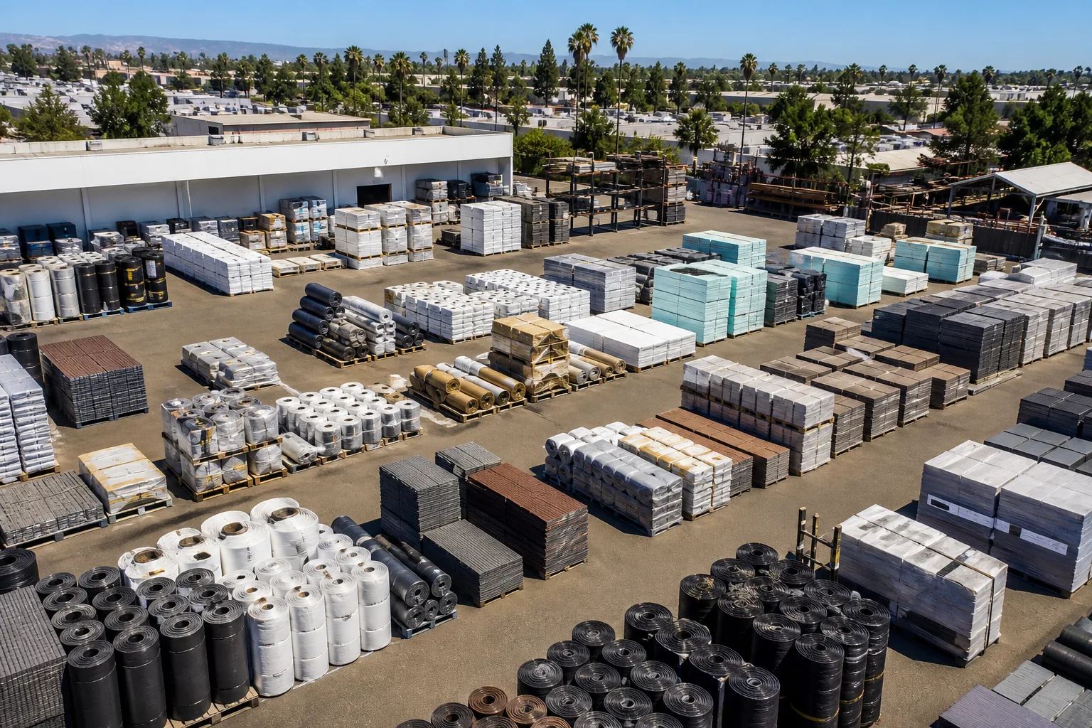 Commercial roofing supply yard with various materials like underlayment, shingles, and insulation under a bright sky.