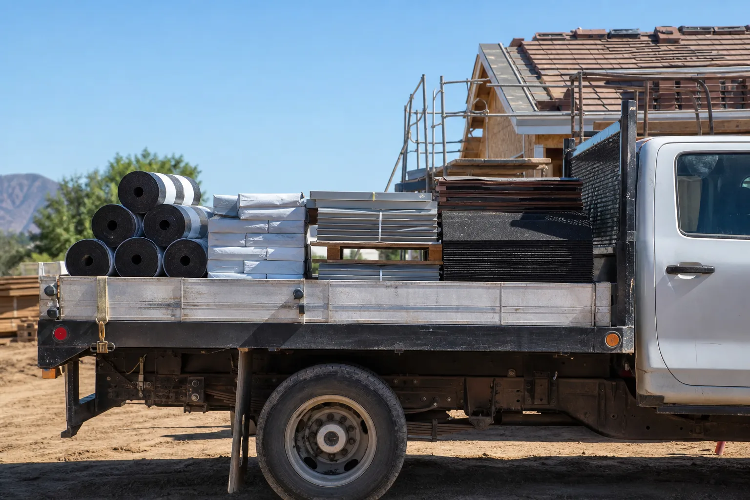 Truck bed filled with roofing materials like metal panels and underlayment at a jobsite, ready for delivery.